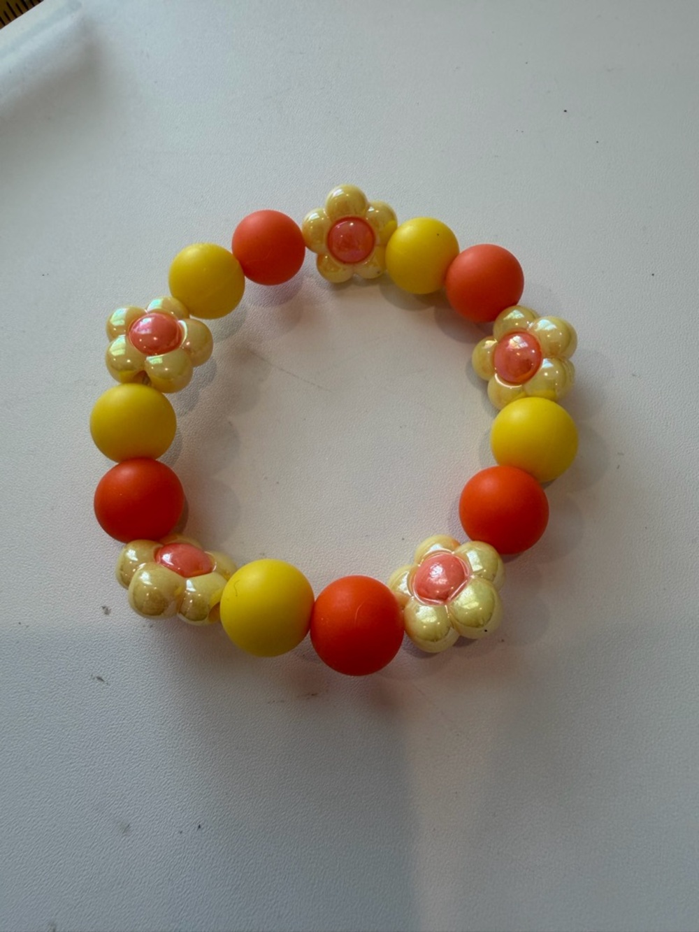 Hand Crafted Yellow and Orange Kids Flower Bead Stretch Bracelet